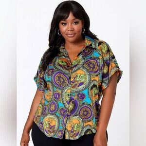 Trendy Status Print Short Sleeve Button Front Shirt - Multi Color 1x